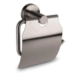 L'ensemble de toilettes Marino Gunmetal de yessential.fr est un porte-papier toilette mural en acier inoxydable avec couvercle, représenté sur un fond blanc. La finition brossée et le design moderne le rendent parfait pour un ensemble d'accessoires de salle de bain ou de toilette moderne.